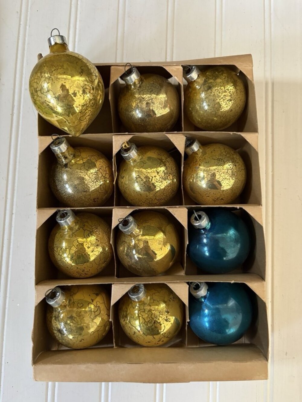Vintage Coby Glass Christmas Ornaments USA Golden Blue